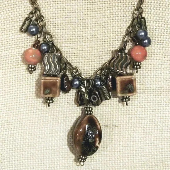 Antiqued Porcelain Brass Glass Bauble and Beads Handcrafted Edgy Earthy Necklace - Picture 1 of 3